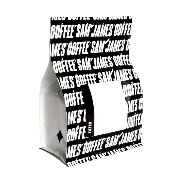 Sam James Coffee filter coffee bag with allover, black and white logo print.